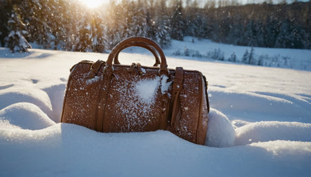 A brown leather duffel bag rests half-buried in deep, fresh snow, with sunlit trees visible in the winter landscape.の素材