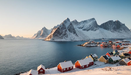 A charming Norwegian fishing village colorful red and yellow houses nestled on a snowy hillside overlooking the blue sea, with snow-capped mountains under a...の素材