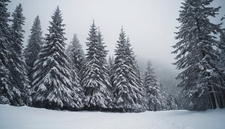 A dense forest of snow-covered pine trees fills the frame under a heavy, foggy overcast sky.の素材