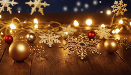 A rustic wooden surface a festive arrangement of golden snowflakes, red and gold Christmas ornaments, and twinkling fairy lights.の素材