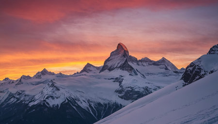 The iconic Matterhorn peak glows in the warm light of a vibrant sunrise, set against a dramatic sky filled with orange and pink clouds.の素材