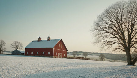 Red barn on a snowy field in winter with trees in the backgroundの素材
