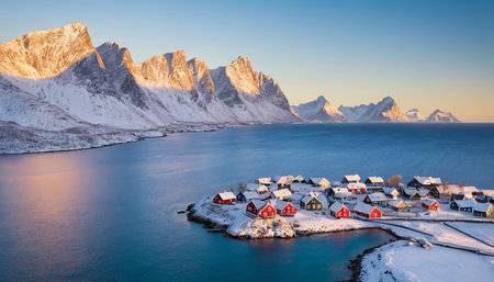 A charming Norwegian fishing village with red and grey houses covered in snow, set against a backdrop of dramatic snow-capped mountains and a serene blue fjord.の素材