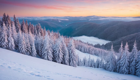 A mountain panorama at sunrise, with a pastel pink sky above a valley filled with mist and a foreground of snow-laden evergreen trees.の素材