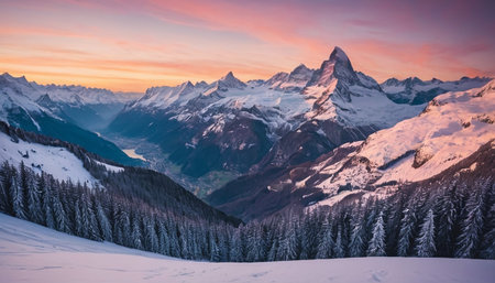 A sweeping panoramic view of the snow-covered Alps, featuring a valley, mountains, and a dense evergreen forest bathed in sunrise light.の素材