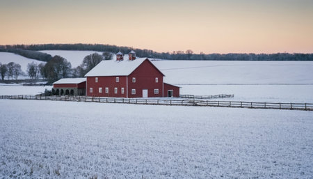 A red barn with white trim sits in a vast snow-covered field, bathed in the soft golden light of dawn under a pastel sky.の素材