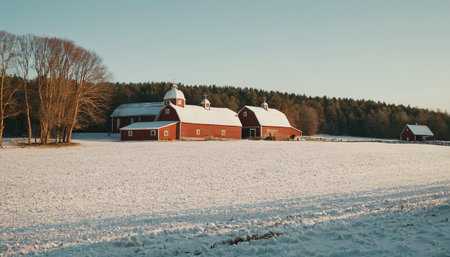 Red barns with snow-capped roofs sit in a white winter field, with a dense forest and clear sky in the background.の素材