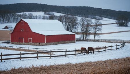 A red barn is nestled in a snowy landscape where two horses graze near a wooden fence under a cloudy winter sky.の素材
