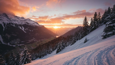 The setting sun casts vibrant orange and pink hues across a dramatic sky over a snow-covered valley and mountain range with a dense pine forest.の素材