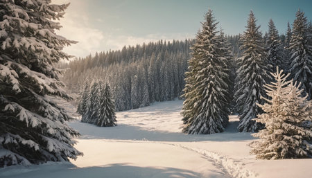 Tall snow-covered pine trees stand in a bright, sunlit winter landscape with a gentle slope of snow.の素材