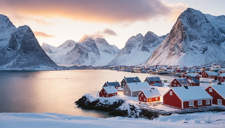A picturesque Norwegian fishing village with red houses covered in snow sits beside a calm body of water, with towering snow-capped mountains in the...の素材