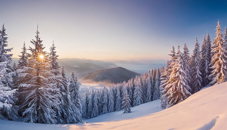 A dramatic sunburst pierces through snow-laden fir trees on a mountain slope at dawn, with misty peaks visible in the distance.の素材