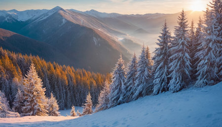 A winter mountain scene featuring snow-covered pine trees in the foreground and a golden forest below, bathed in sunrise light.の素材