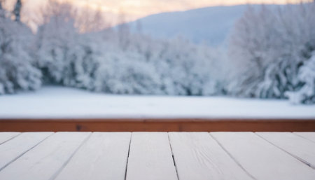 A rustic wooden table in the foreground with a blurred winter forest and hills in the background at sunrise.の素材