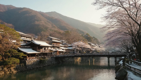 A picturesque Japanese village featuring snow-dusted traditional buildings and blooming cherry blossoms alongside a calm river with a bridge.の素材