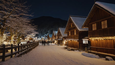 A charming winter night view of a snow-covered village street with traditional wooden houses adorned with festive lights, with people strolling along the path.の素材