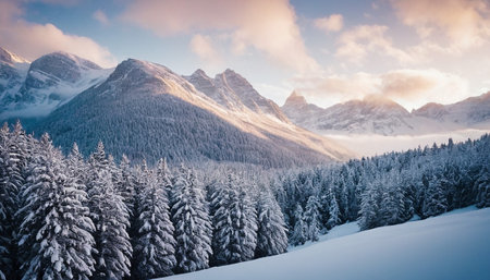 snow-covered mountains rise above a dense pine forest, bathed in the soft, warm light of a sunrise sky with scattered clouds.の素材