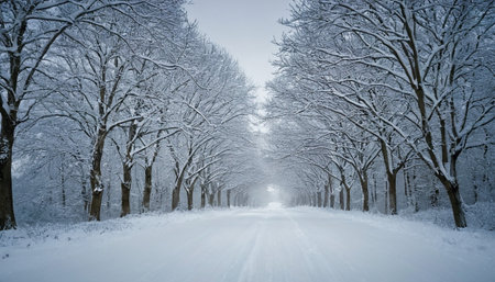 A snow-covered path winds through a symmetrical avenue of bare, frost-laden trees, disappearing into a soft, hazy distance under a grey sky.の素材