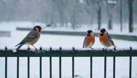 Three colorful bullfinches with bright orange breasts and black heads rest on a snow-dusted metal fence in a quiet winter park setting.の素材