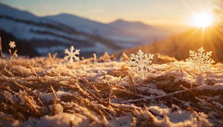 A clear snowflake rests on dry grass and snow. The warm sunrise casts golden light over a mountainous landscape.の素材