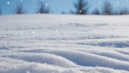 A wide, low-angle view of undulating snowdrifts under a clear blue sky with a few snowflakes falling.の素材