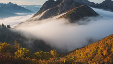 Jagged mountain peaks rise above a dense blanket of fog, with a hillside covered in trees displaying vibrant autumn colors.の素材