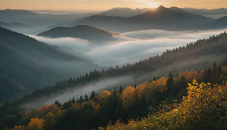 A vibrant autumn forest blankets the mountain slopes, with golden sunrise light illuminating the scene above a sea of fog.の素材