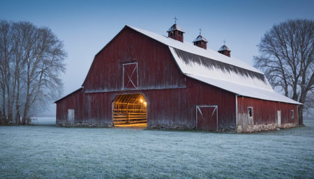A red barn glows with warm light from its open entrance. Snow dusts the roof and surrounding trees in the twilight.の素材