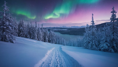 A snowy path winds through frosted trees towards a frozen lake, under a sky painted with the green, blue, and purple hues of the aurora.の素材