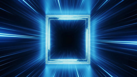 An abstract visual of blue light streaks radiating outwards from a central glowing square, creating a sense of speed and motion.の素材