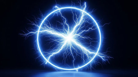 Intense blue lightning bolts radiate from a central point, forming a bright, glowing circle against a dark, reflective surface.の素材