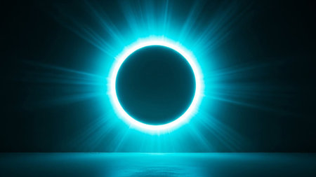 A bright cyan ring of light, like an eclipse, emits powerful beams on a dark, reflective surface, creating a dramatic visual.の素材