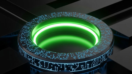 A dark circular platform a bright green glowing interior and is adorned with intricate blue circuit board patterns.の素材