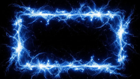 A rectangular frame formed by crackling electric blue lightning glows intensely against a pure black background, offering ample copy space.の素材