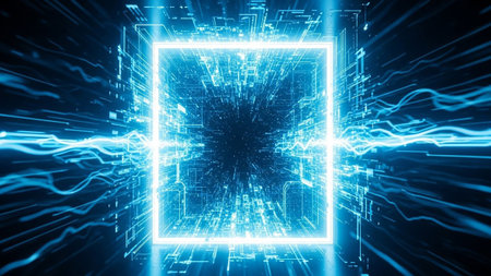 A glowing blue square pulses with intricate digital data streams and light effects, creating a sense of advanced technology and information flow.の素材