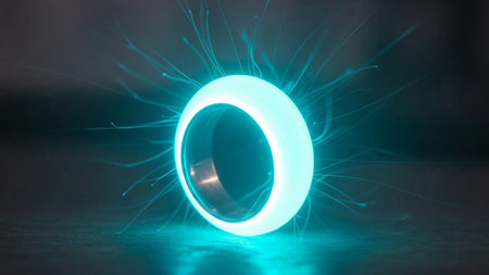 A luminous cyan ring with delicate, glowing tendrils radiating outwards against a dark, textured background, creating a sense of energy and mystery.の素材