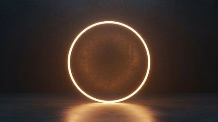 A warm orange circular light ring emits a soft glow against a dark textured backdrop, reflecting on the floor.の素材