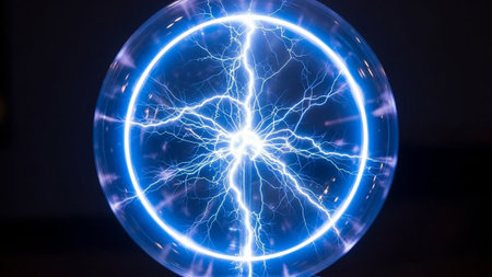 A close-up view of a plasma ball emitting vibrant blue lightning tendrils that crackle and spread across its surface against a dark background.の素材