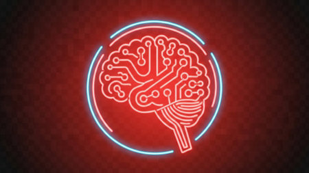 A stylized neon brain with circuit board patterns glows red and blue within a circular frame against a dark red textured background.の素材