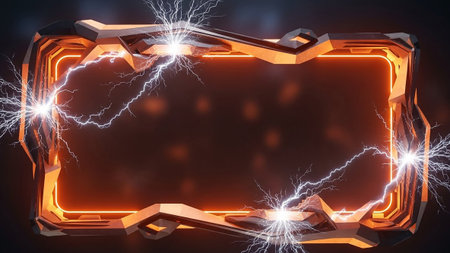 A rugged, futuristic frame with an intense orange glow and crackling electrical lightning bolts.の素材