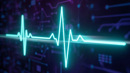 A vibrant cyan EKG heart rhythm waveform glows against a dark background with intricate circuit board patterns.の素材