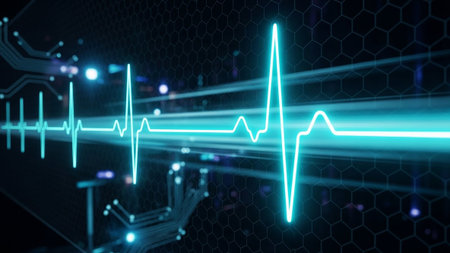 A bright cyan electrocardiogram waveform pulses across a dark digital background with glowing circuit board patterns and light streaks.の素材