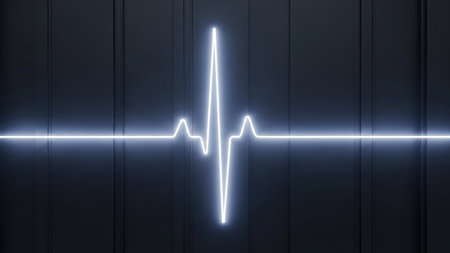A vibrant blue neon electrocardiogram waveform stands out against a dark, ribbed background, representing a healthy heartbeat.の素材