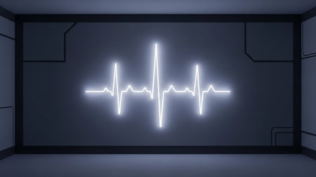 A stark white neon electrocardiogram line illuminates a dark, minimalist room, displayed on a large screen with subtle futuristic paneling.の素材