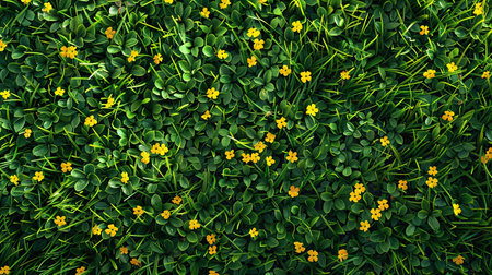 Green grass texture with yellow flowers. Top view. Flat lay.の素材