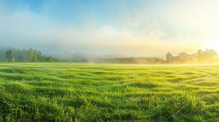 Morning fog over the meadow. Beautiful summer landscape. Panoramic view.の素材