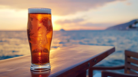 Glass of beer on the background of the sea and the sunset.の素材