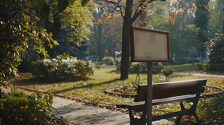 empty bench in the park in autumn with a signboard on itの素材