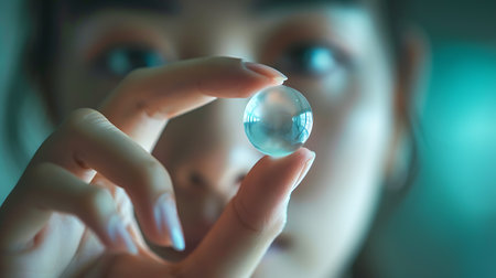 Little girl holding a blue crystal ball in her hand, close-upの素材