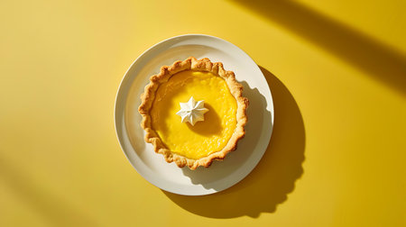 Lemon tart on a white plate on a yellow background, top viewの素材